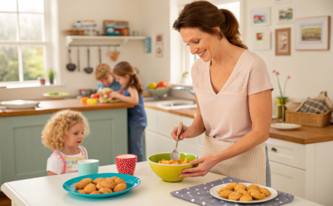 une maman qui prépare des nuggets express pour ses enfants