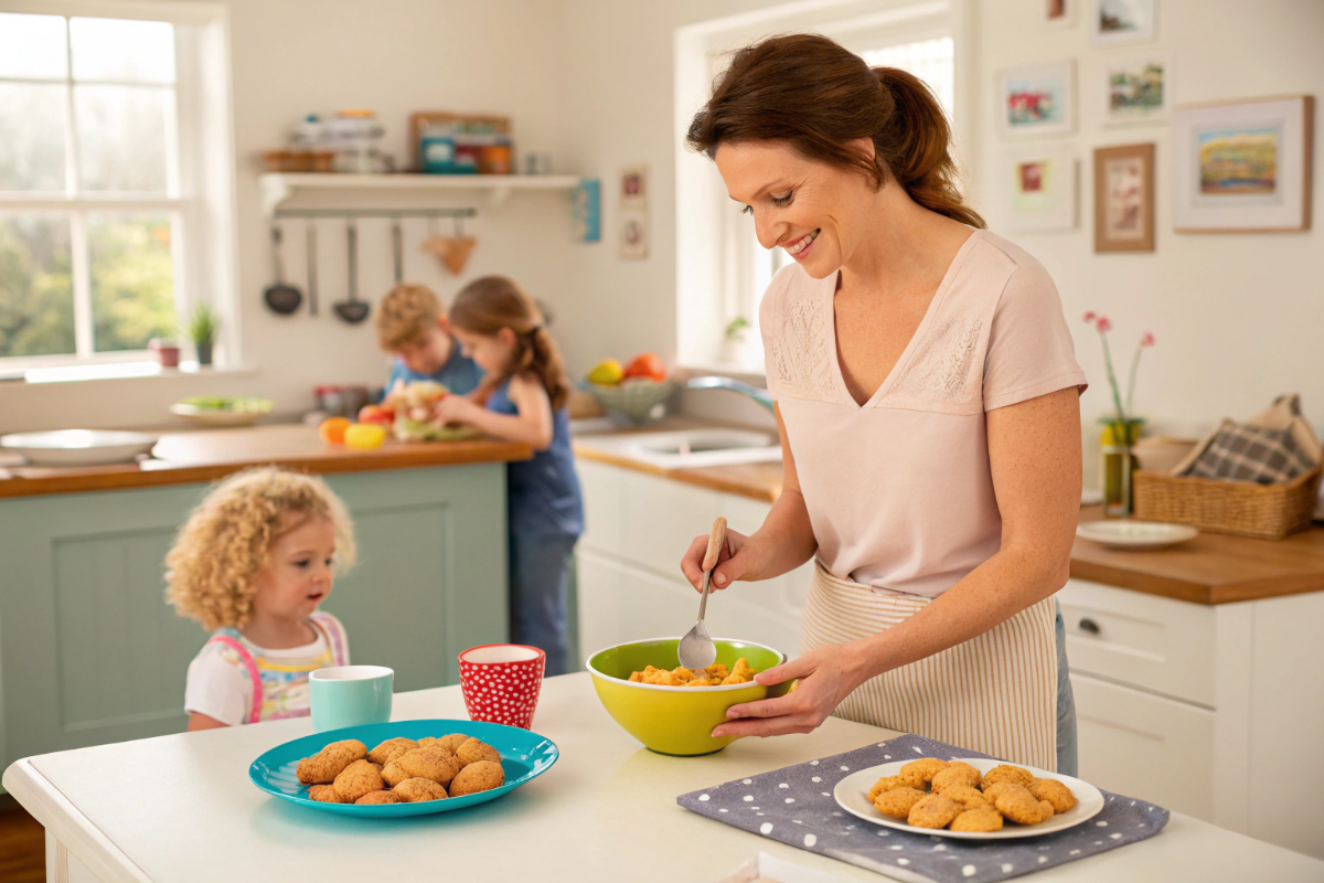 une maman qui prépare des nuggets express pour ses enfants