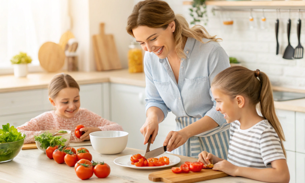 une maman qui prépare des tomates pour ses enfants
