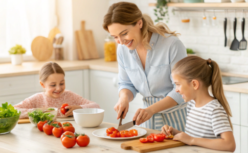 une maman qui prépare des tomates pour ses enfants