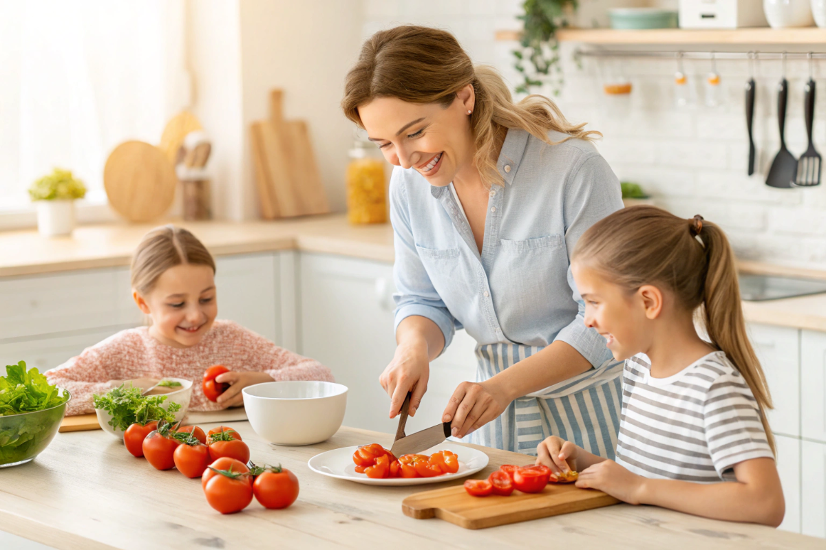 une maman qui prépare des tomates pour ses enfants