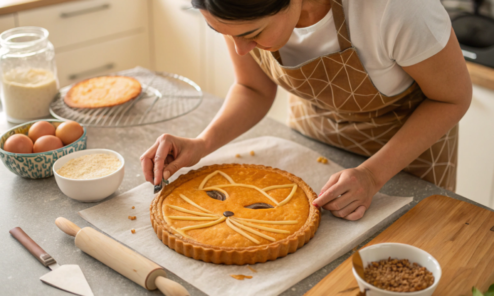 une maman qui prépare la galette des rois du chat