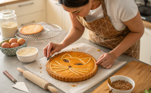 une maman qui prépare la galette des rois du chat
