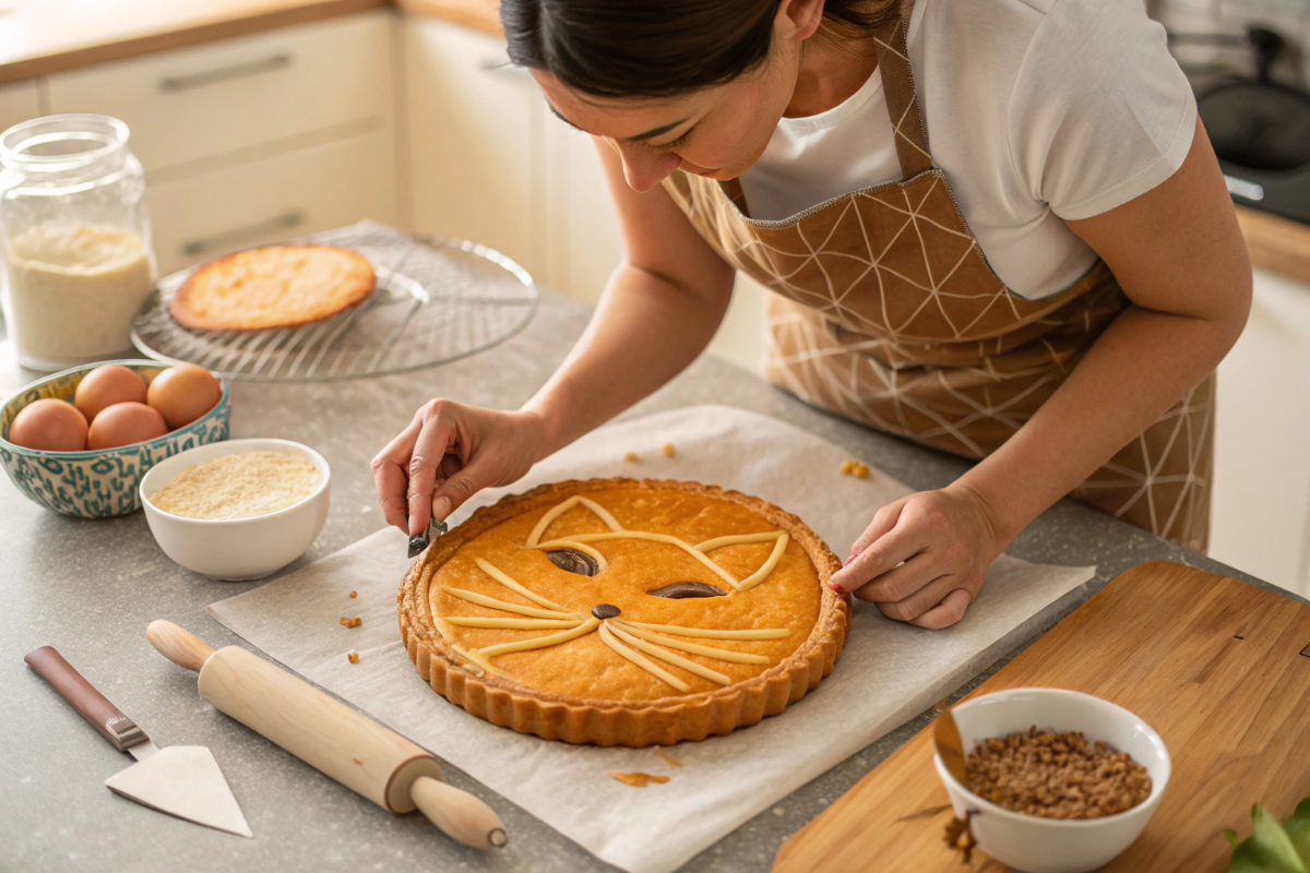 une maman qui prépare la galette des rois du chat