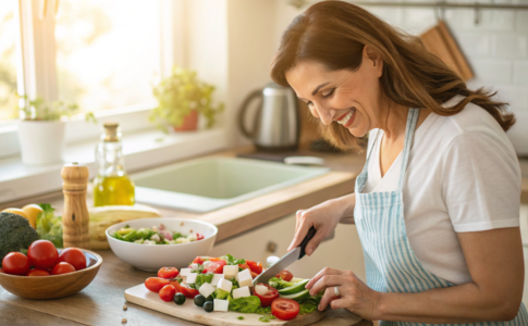 une maman qui prépare une salade méditerranéenne