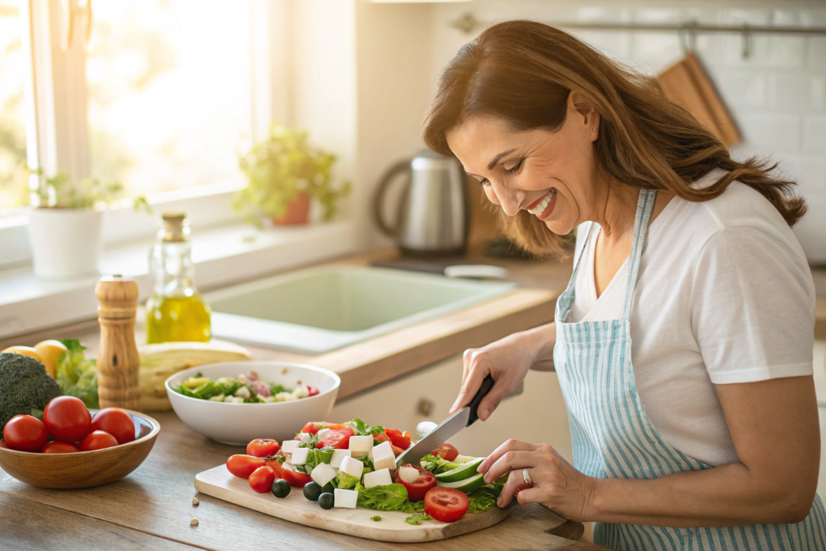 une maman qui prépare une salade méditerranéenne