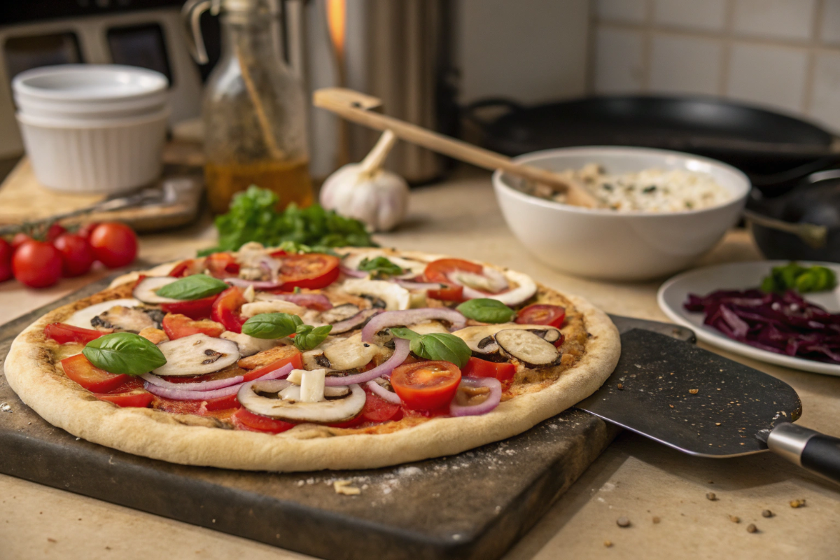 une pizza végétarienne aux champignons en préparation