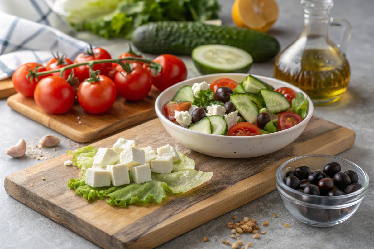 une salade méditerranéenne en préparation
