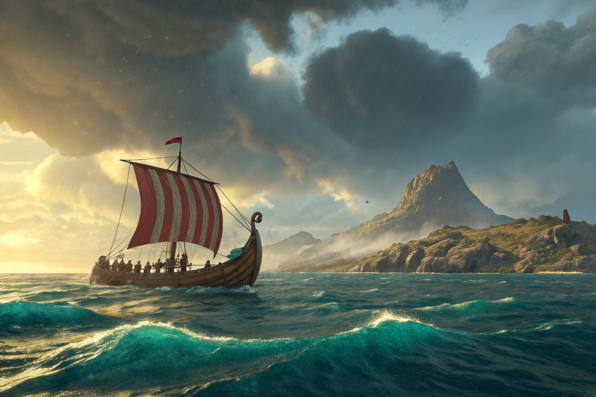 Vikings de dos sur un drakkar face aux flots du grand Nord