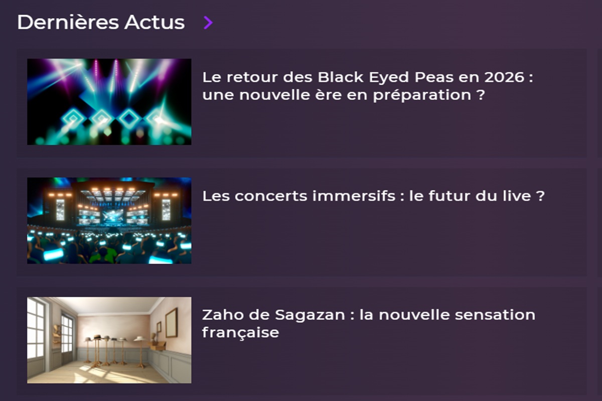 La rubrique Dernières Actus sur Playup avec les Black Eyed Peas