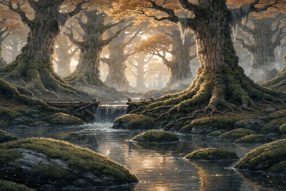 Une forêt magique au crépuscule