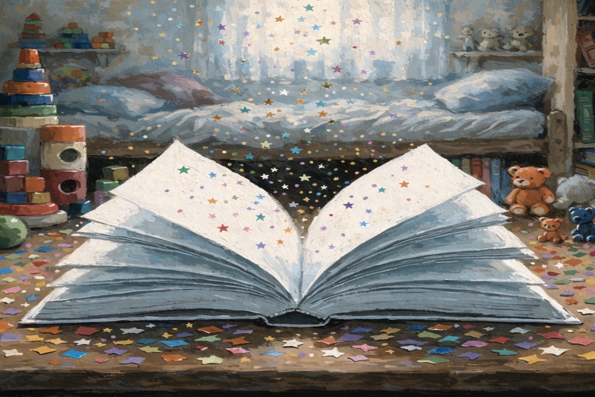 Un livre magique blanc ouvert avec des étoiles dorées 