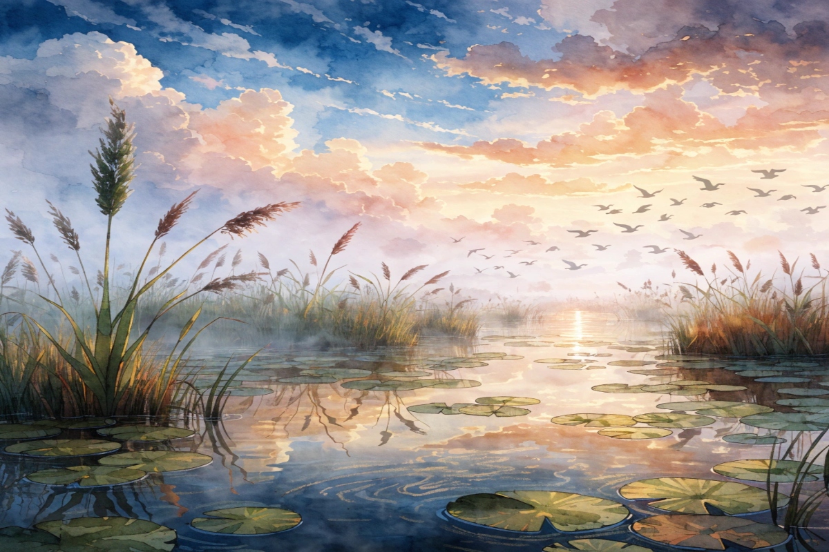 Marais paisible au coucher de soleil 