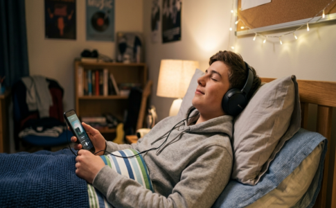 Adolescent dans son lit écoutant de la musique avec un casque audio et son smartphone.