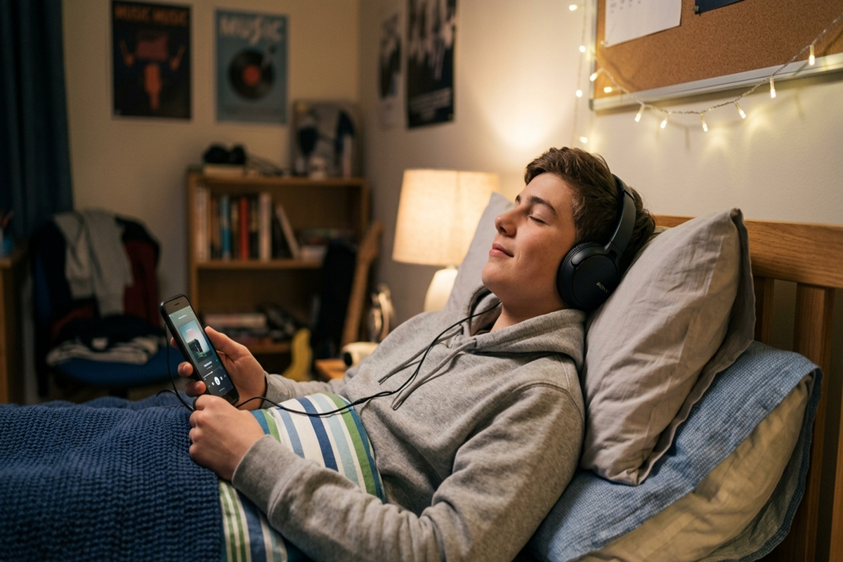 Adolescent dans son lit écoutant de la musique avec un casque audio et son smartphone.