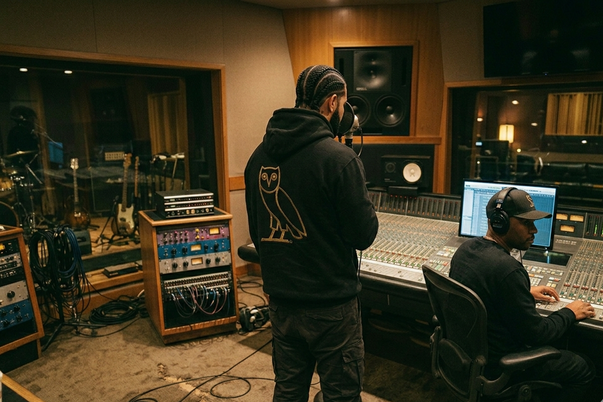 Photo de dos de l'artiste Drake portant un sweat à capuche noir