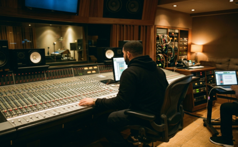 l'artiste Drake assis devant une grande console de mixage dans un studio d'enregistrement professionnel.