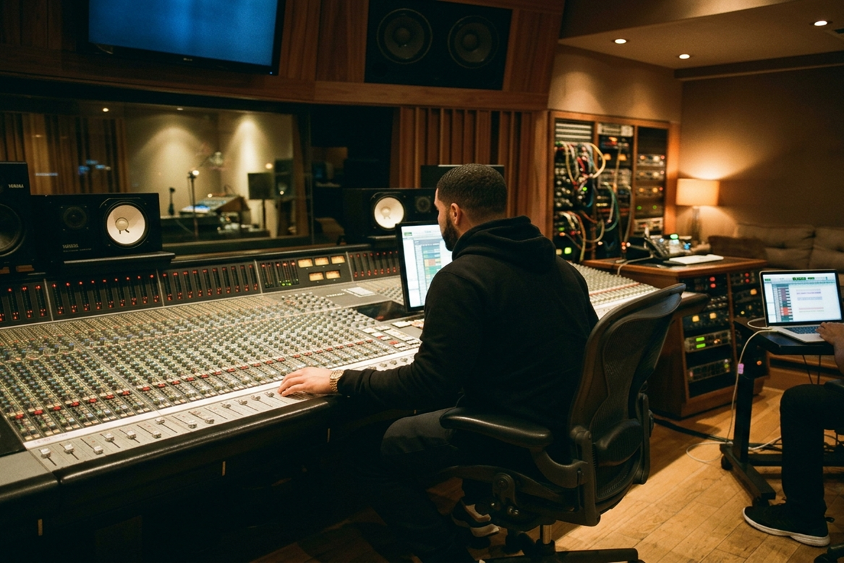 l'artiste Drake assis devant une grande console de mixage dans un studio d'enregistrement professionnel.