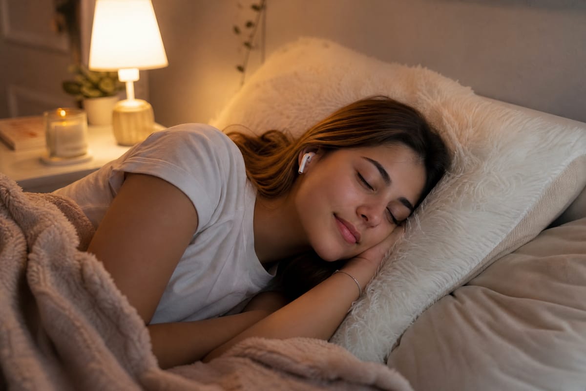 Adolescente dormant avec des écouteurs sans fil dans une chambre tamisée. 