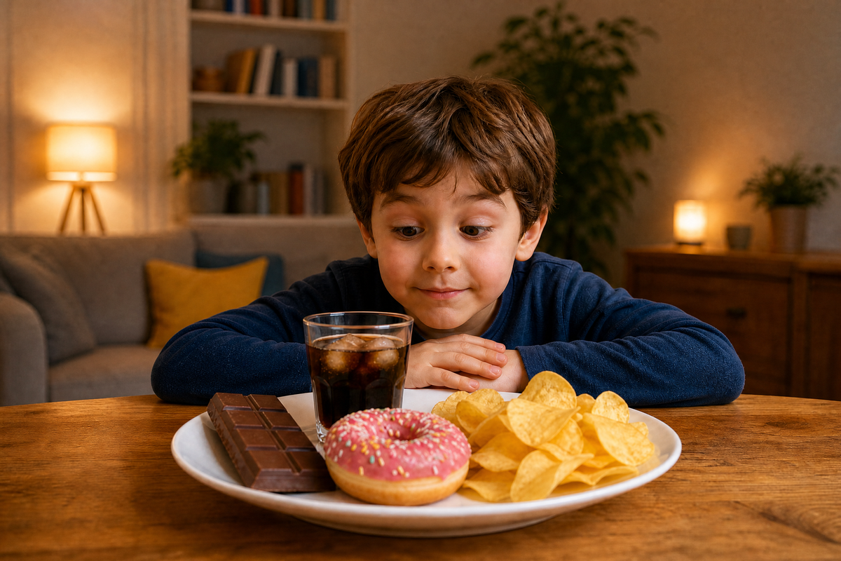 Enfant devant une assiette d'aliments sucrés et gras à éviter avant de dormir.
