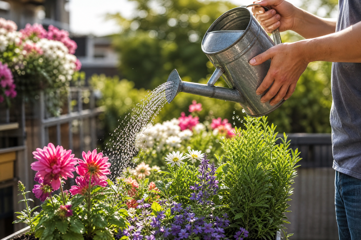 Une personne arrosant des fleurs colorées et des plantes vertes avec un arrosoir dans un jardin ensoleillé.