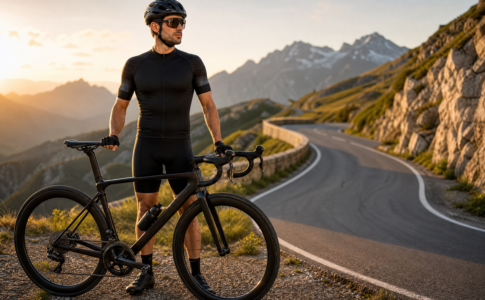 Cycliste professionnel avec son vélo de route sur une route de montagne au coucher du soleil.