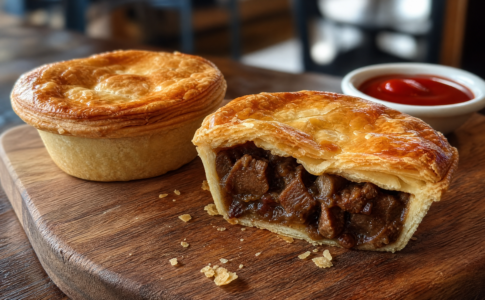 Tourte à la viande australienne coupée en deux, révélant sa garniture de bœuf, avec ketchup.