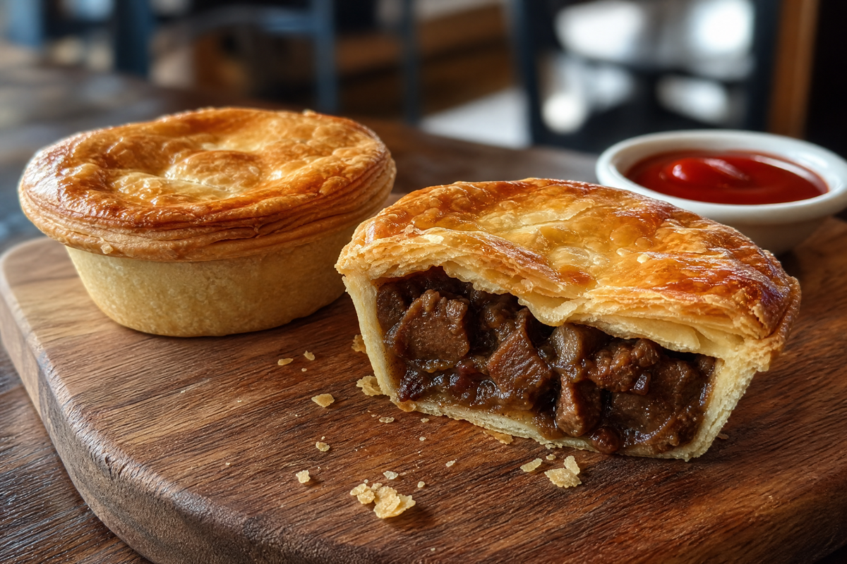 Tourte à la viande australienne coupée en deux, révélant sa garniture de bœuf, avec ketchup.