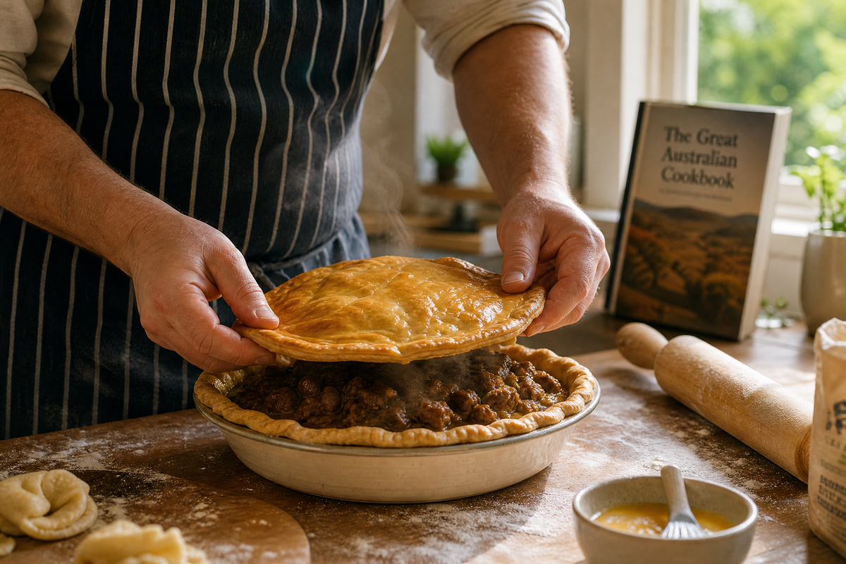 Un cuisinier pose une pâte feuilletée sur une meat pie fumante, à côté d'un livre de cuisine australienne