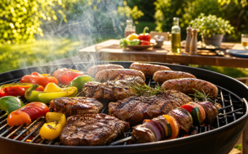 Viandes et légumes grillant sur un barbecue extérieur dans un jardin ensoleillé.