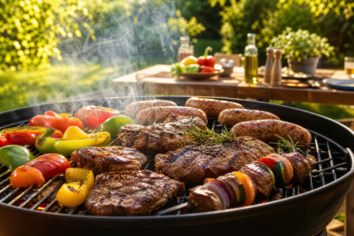 Viandes et légumes grillant sur un barbecue extérieur dans un jardin ensoleillé.