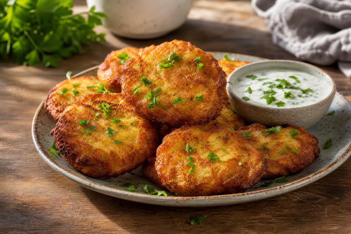 Beignets de pommes de terre dorés dans une assiette avec une sauce à la crème et aux herbes.