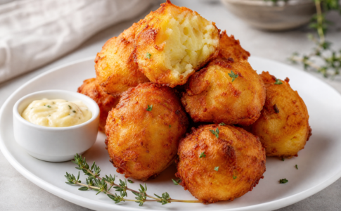 Beignets de pommes de terre ronds et dorés empilés dans une assiette avec une sauce mayonnaise.