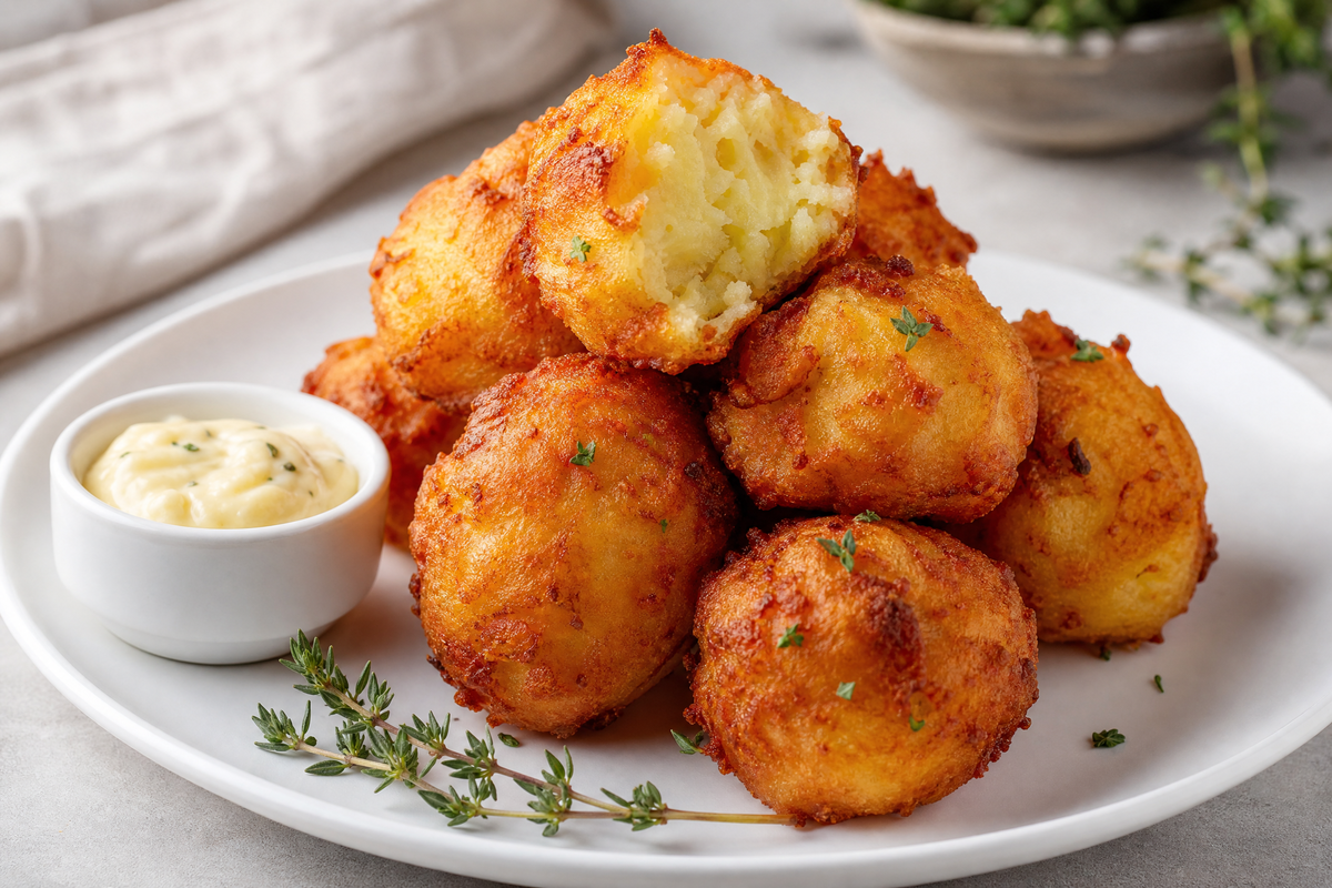 Beignets de pommes de terre ronds et dorés empilés dans une assiette avec une sauce mayonnaise.