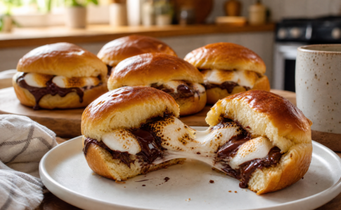 Une brioche ouverte révélant un cœur fondant sur une assiette blanche.