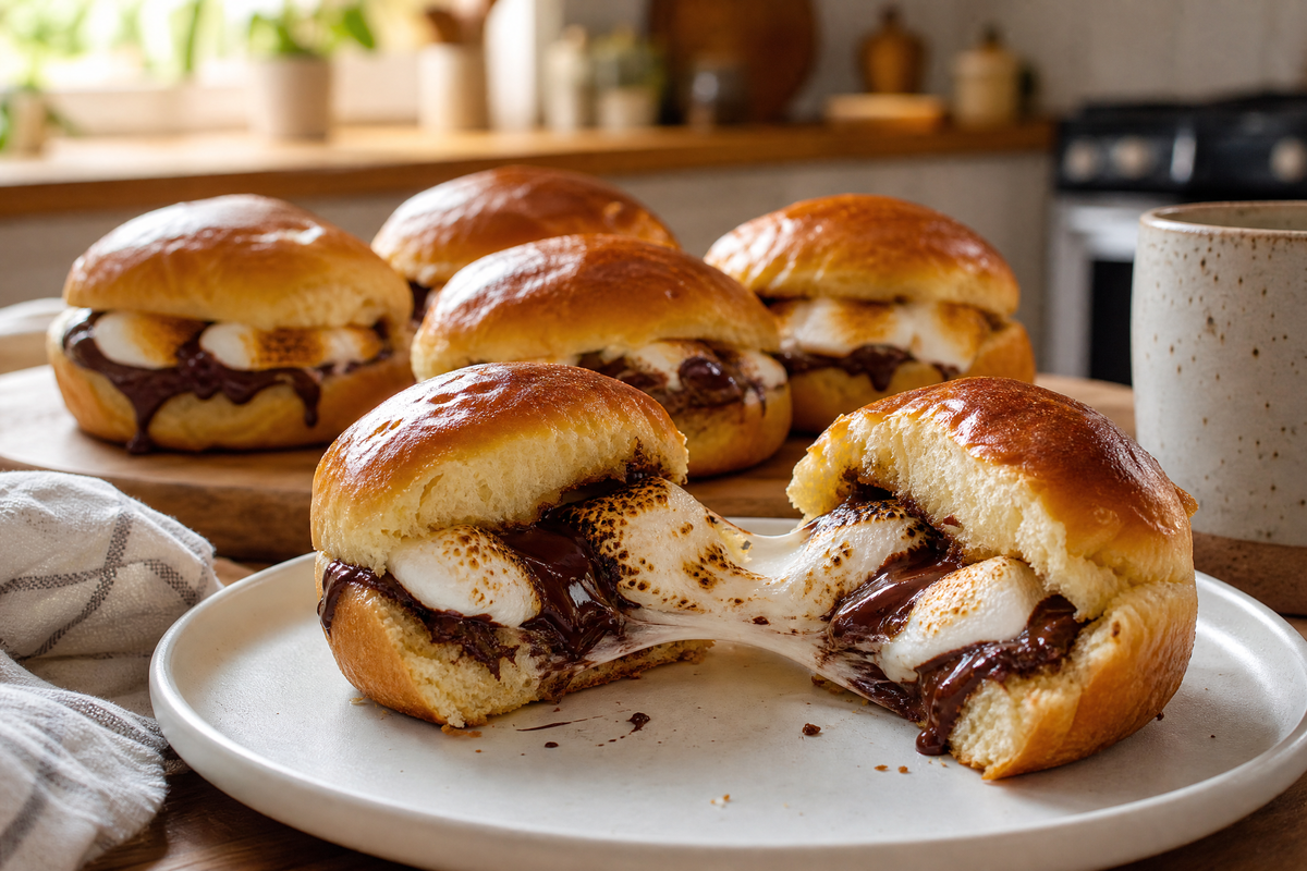 Une brioche ouverte révélant un cœur fondant sur une assiette blanche.