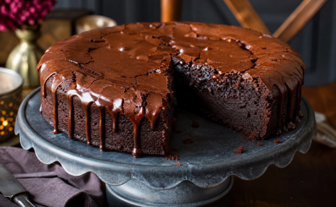 Gâteau brownie au chocolat fondant avec un glaçage coulant sur un présentoir.