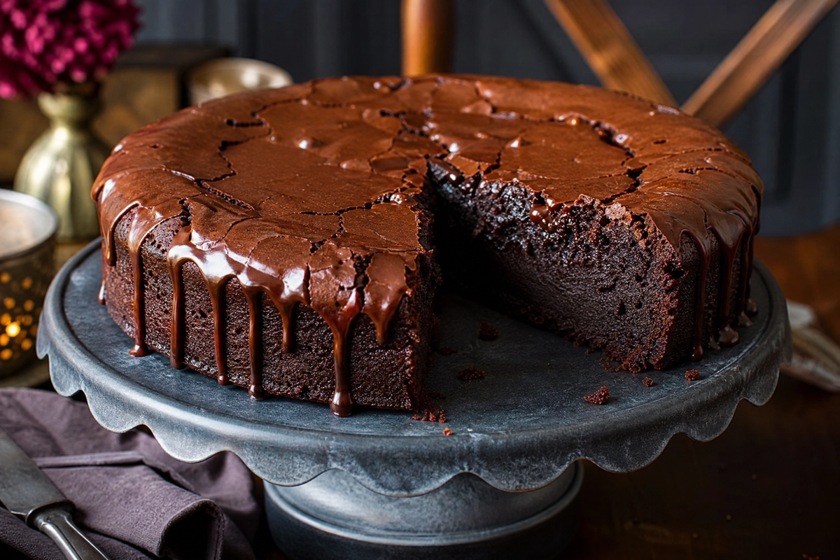 Gâteau brownie au chocolat fondant avec un glaçage coulant sur un présentoir.