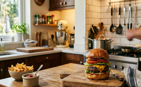 Un burger au fromage juteux posé sur une planche à découper en bois dans une cuisine chaleureuse, accompagné d'un bol de frites et de ketchup.