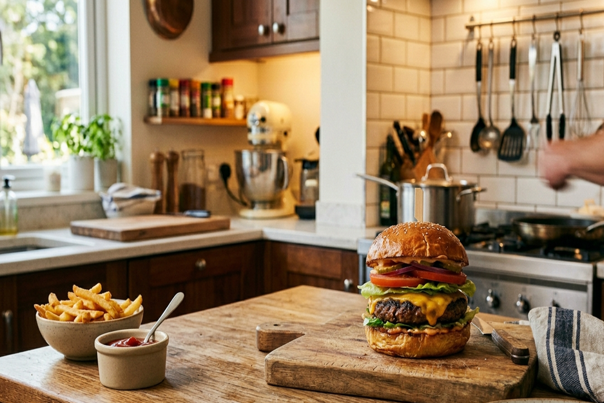 Un burger au fromage juteux posé sur une planche à découper en bois dans une cuisine chaleureuse, accompagné d'un bol de frites et de ketchup.