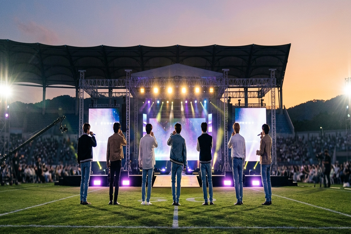 Silhouettes de BTS sur scène dans un stade au coucher du soleil 