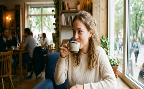 Une femme souriante buvant un café dans un salon de thé lumineux près d'une fenêtre.