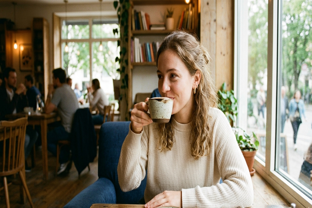 Une femme souriante buvant un café dans un salon de thé lumineux près d'une fenêtre.