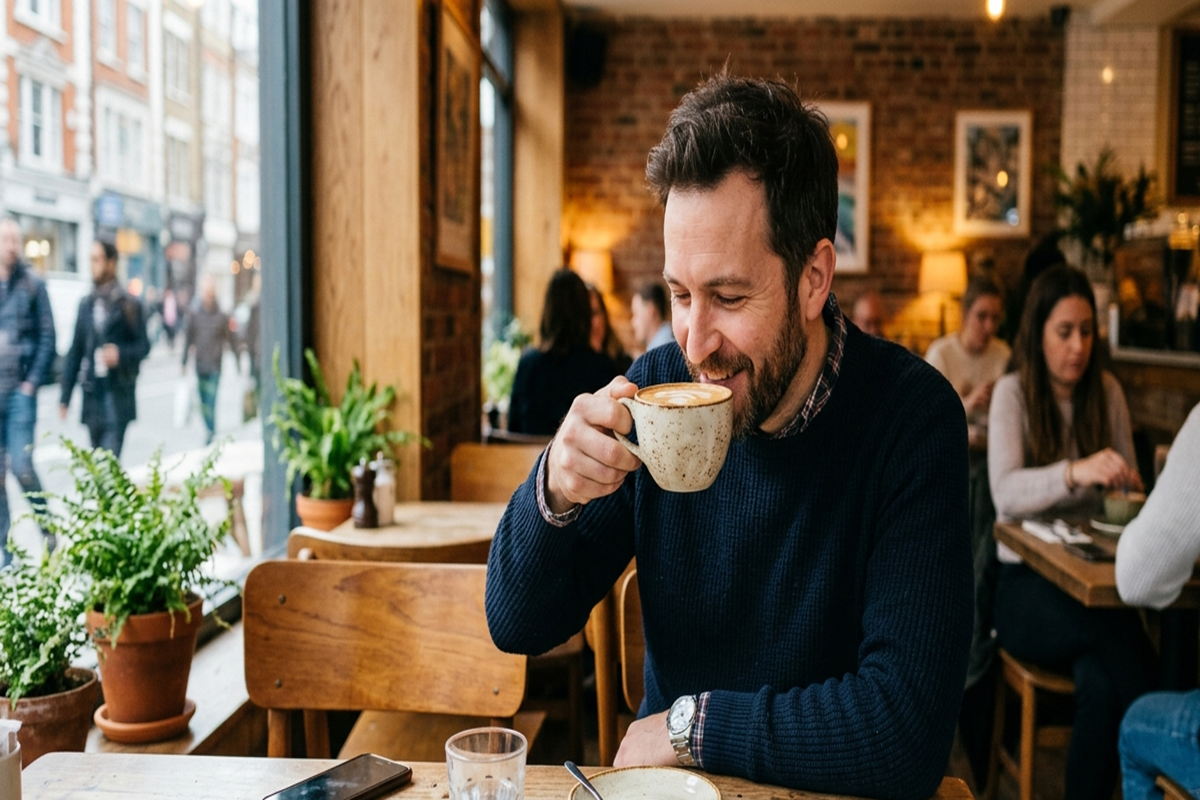 Homme en pull bleu marine buvant un café dans une tasse en céramique, attablé devant un croissant dans un salon de café lumineux.