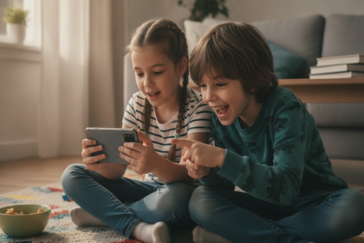 Deux enfants qui jouent sur un smartphone