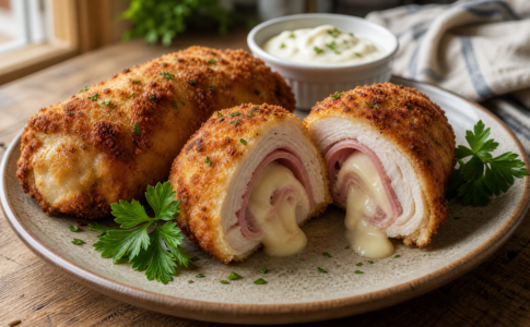 Cordon bleu de poulet croustillant tranché avec fromage fondu et jambon.