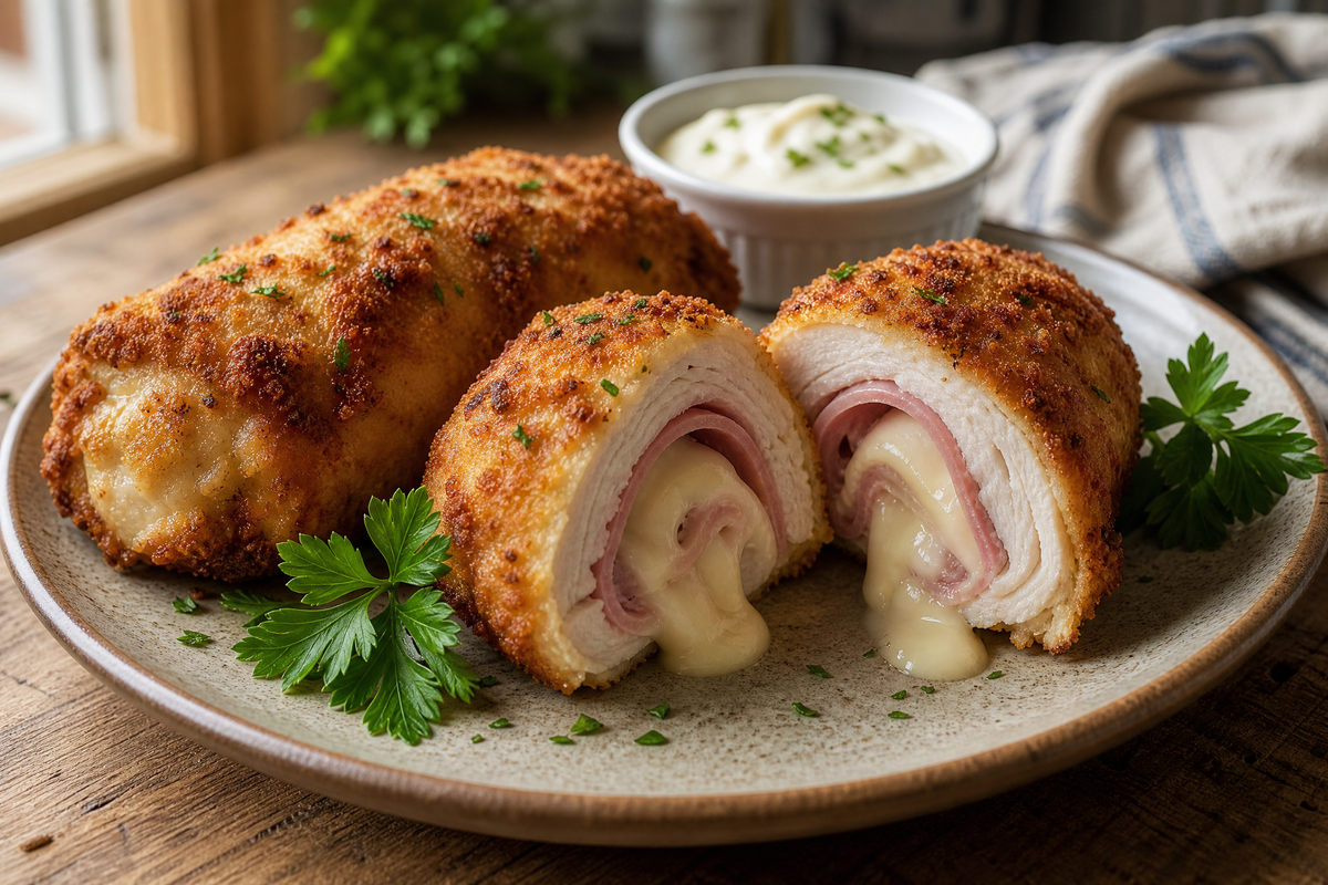 Cordon bleu de poulet croustillant tranché avec fromage fondu et jambon.