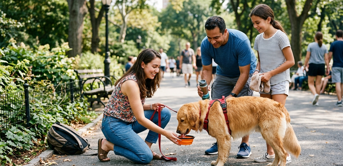 Une famille donne à boire à un chien Golden Retriever dans un bol pliable sur un chemin de parc ombragé.