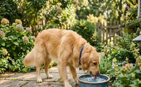 Chien buvant de l’eau dans une gamelle bleue dans un jardin.