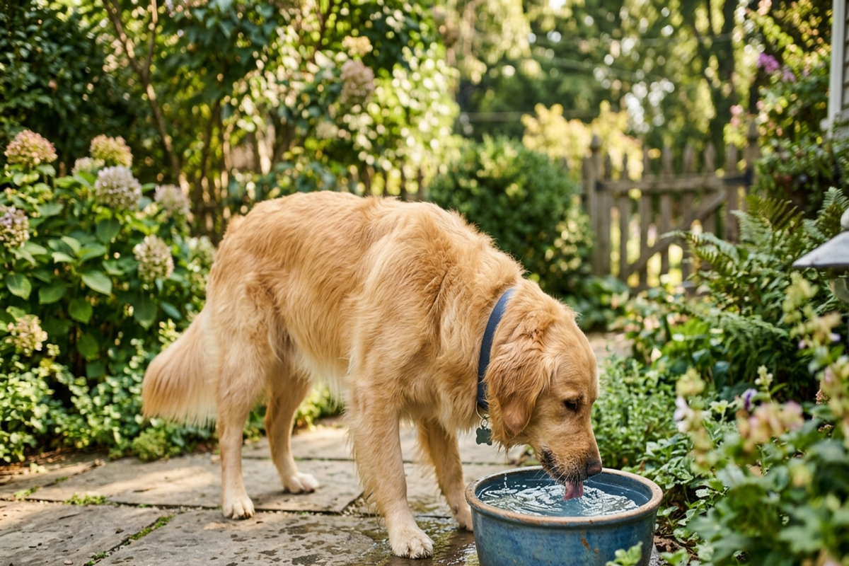 Chien buvant de l’eau dans une gamelle bleue dans un jardin.